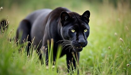 Majestic Black Panther in Grass Wildlife Photo