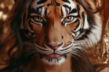Fototapeta premium A woman's face is painted to look like a tiger