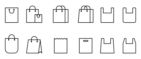 Set of shopping bag icon in black outline. Paper Bags. Online Shop Symbol, shopping bag  Packages symbol. Vector Illustration.