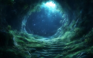 Magical cave entrance with glowing light and mossy steps.