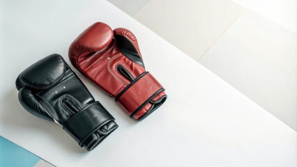Boxing gloves lying flat on a white background with a subtle gradient effect, gloves, boxing, equipment
