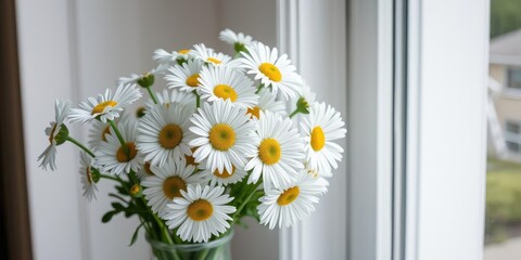 Bouquet of fresh daisy flowers in a vase by the window, fresh, sunlight