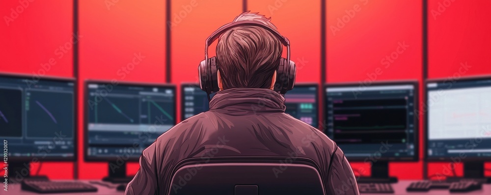 Poster a person wearing headphones sits in front of multiple computer screens, immersed in a digital enviro