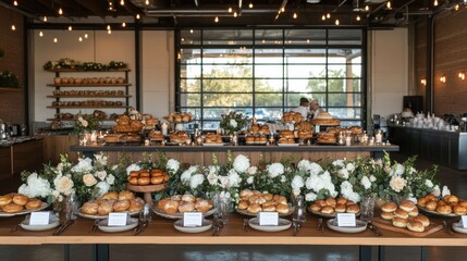 Elegant Bakery Display with Fresh Breads and Floral Arrangements