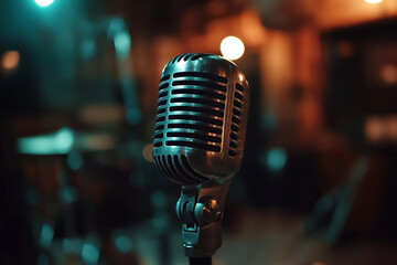 Close-up of retro professional microphone on vibrant concert stage background created with...