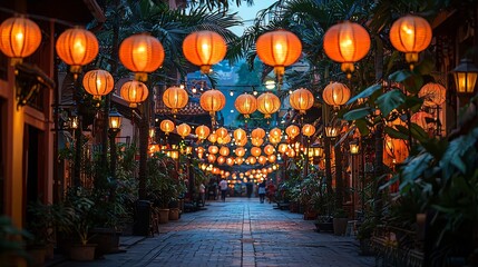 Obraz premium Illuminated Alleyway with Lanterns, Asian Street Scene