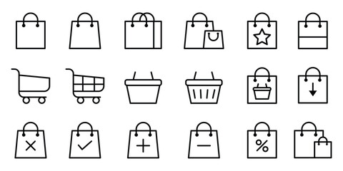 Set of shopping cart icons. icons for online store, from various cart icons in various shapes. Shopping basket icon. Shopping cart, basket, bag icon set. Linear shop icon set.