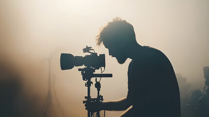 Close-up of a film director adjusting settings on a high-end camera, showcasing the intricacies of filmmaking and the director’s control over the cinematic process.
