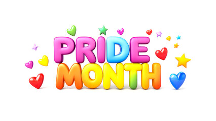 Playful Pride Month text in rainbow hues surrounded by colorful hearts on white background. Concept of LGBTQ pride, inclusivity, love, and celebration of diversity