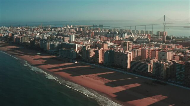 Cadiz aerial shot beach and Bay of Cadiz Puerto Real or Pepa bridge Spain
