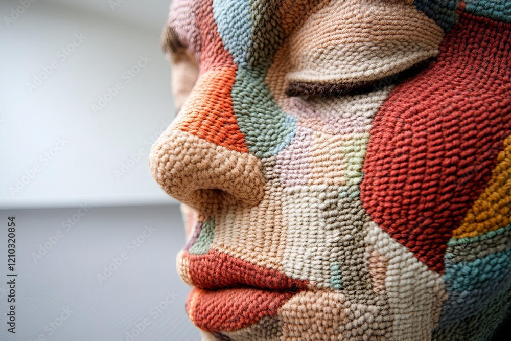 Poster close-up of a colorful textile sculpture featuring abstract facial features, highlighting intricate 
