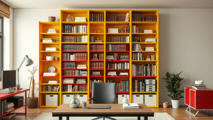 Brightly colored yellow and red bookcase in a home office with books and office supplies, office decor, work from home, business
