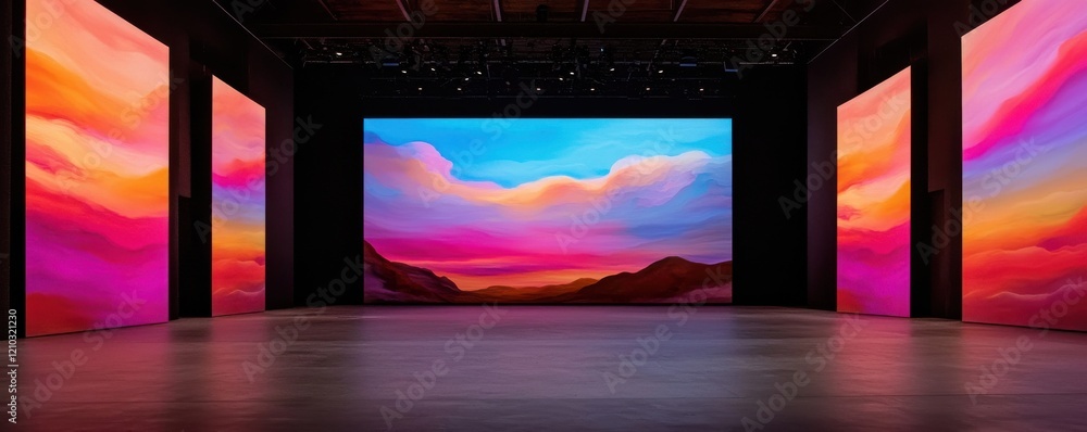 Poster a vibrant digital art installation featuring large screens displaying colorful cloudscapes, set in a