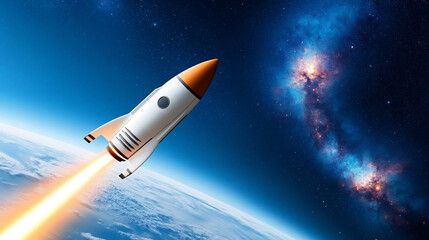 Fototapeta premium Futuristic UFO Ascends Into Space, Leaving Luminous Trail Against Cosmic Backdrop