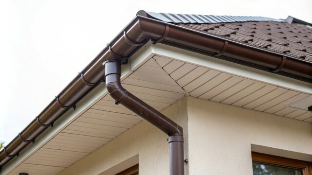 Brown PVC gutter attached to downpipe on steeply pitched roof edge, roof detail, building feature, sloping roof, exterior construction, architectural design