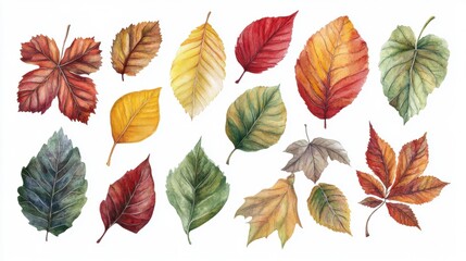 Fototapeta premium Colorful Autumn Leaves Collection with Various Shapes and Textures