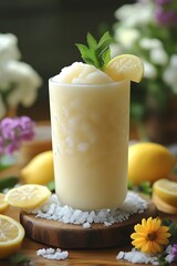 Refreshing lemon slush drink in glass with ice and mint.