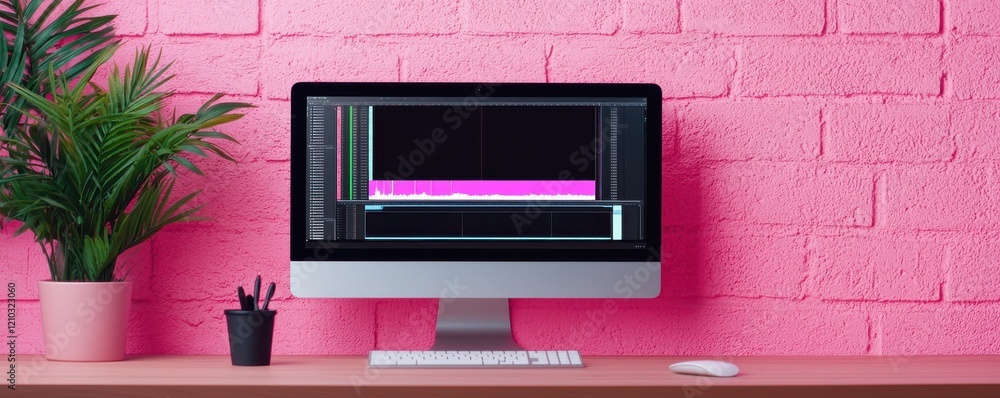 Poster a modern workspace featuring a computer on a wooden desk, displaying video editing software against 