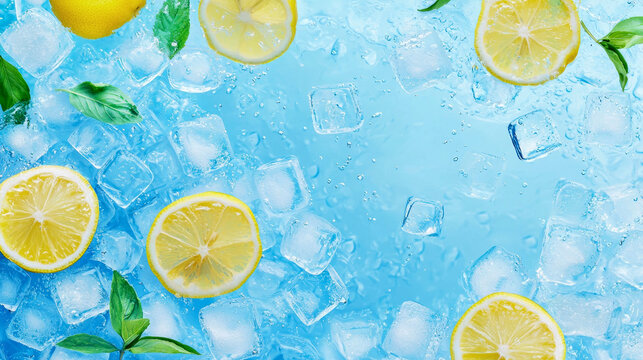 Refreshing lemon slices and ice cubes on a blue background