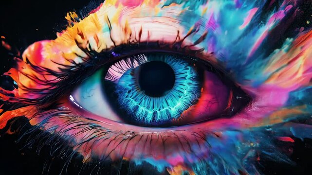 A surreal blue eye in stunning closeup, surrounded by dynamic splashes of vibrant colors over black background