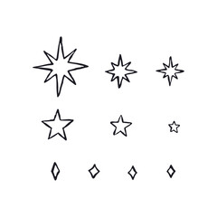 Hand drawn inky sketch style monochrome doodle stars silhouettes set isolated on white background