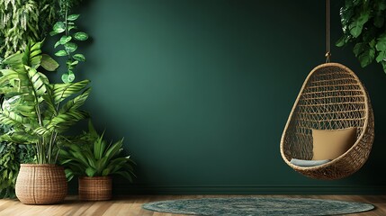 Green wall with hanging chair plant wicker pot and rug