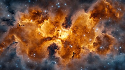 Fototapeta premium Stunning Cosmic Nebula with Fiery Orange and Yellow Clouds of Gas