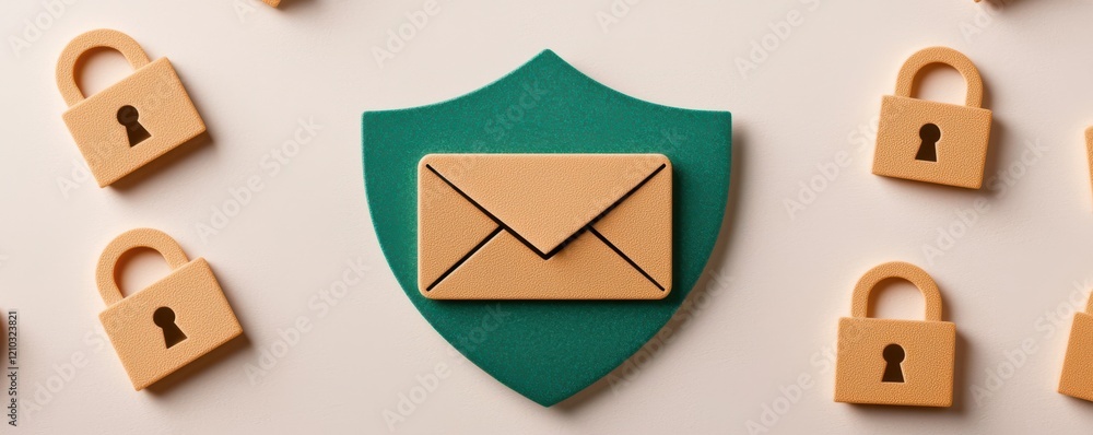 Poster a shield with an envelope symbolizes email security, surrounded by padlocks representing protection 