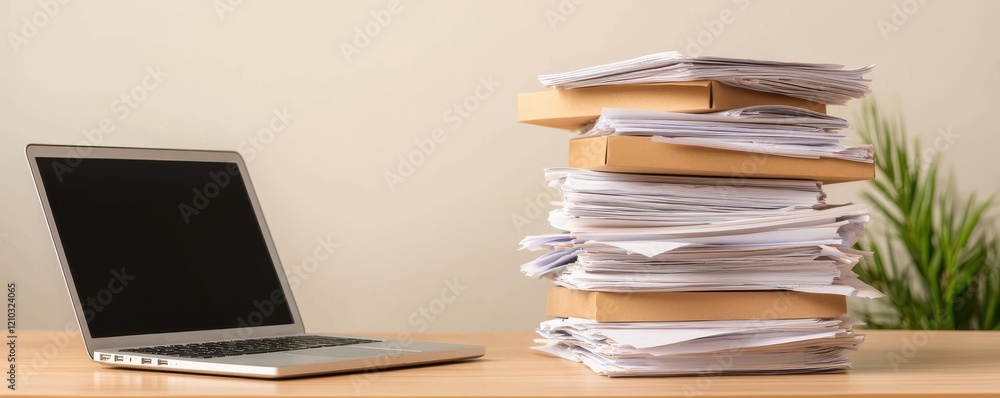 Poster a laptop sits beside a tall stack of papers, emphasizing a busy workspace filled with documents and 