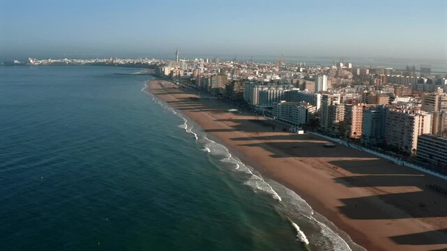 Cadiz aerial shot beach and Bay of Cadiz Puerto Real or Pepa bridge Spain