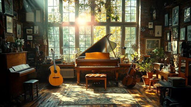 Cozy music room with grand piano and acoustic guitar bathed in golden sunlight seamless looping 4k time-lapse animation video background