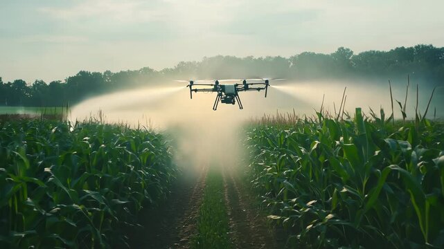 A drone is actively spraying nutrients and chemicals over green corn plants in a verdant field