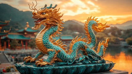Obraz premium Majestic Chinese Dragon Statue at Sunset