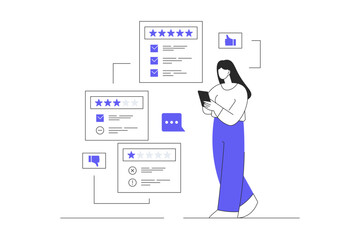 Customer review, satisfaction, feedback. Woman analyze customer comments with different experience. Flat Cartoon Vector Illustration, icon. Stylish abstract Web