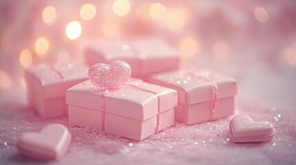 Romantic Valentine's Day composition with pink boxes, heart decorations, and sparkles on a soft pink surface, leaving space for text.