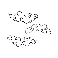 Hand drawn black and white inky sketch chinese style clouds isolated on white background