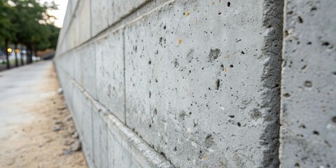 Close-up shot of a blurry gray cement wall with visible dust particles and specks, gray cement, close-up blurry