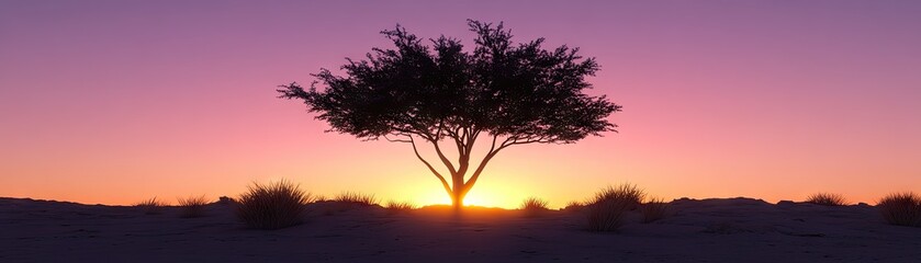 Naklejka premium Desert sunset tree silhouette, tranquil landscape, peaceful background, nature photography