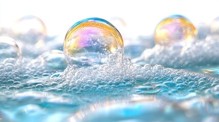Iridescent bubbles in foam, clean surface, bright background, ad use