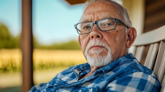 Thoughtful Elderly Man Sitting on Porch in Blue Checkered Shirt - Powered by Adobe