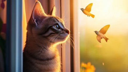 Obraz premium Cat Gazing at Birds Through Window in Warm Evening Light