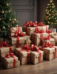 Obraz premium Christmas presents wrapped in paper and ribbons, gift bags, colorful paper