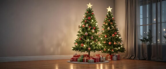 Christmas tree decorated with ornaments and fairy lights, xmas decoration, decorated branches, holiday decoration