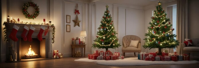 Fototapeta premium Christmas tree decorated with stockings and ornaments, , festive decoration