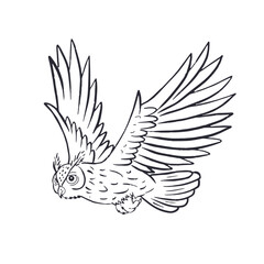 Hand drawn black and white line art eagle-owl flying isolated on white background. Monochrome nocturnal bird vector illustration.