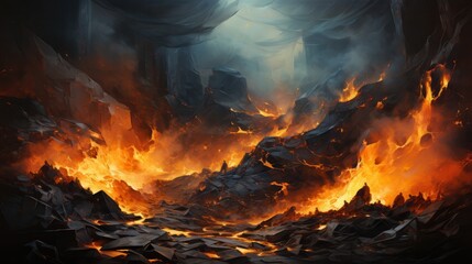 A dramatic landscape of molten lava flowing through dark rock formations, evoking a sense of danger and intensity.