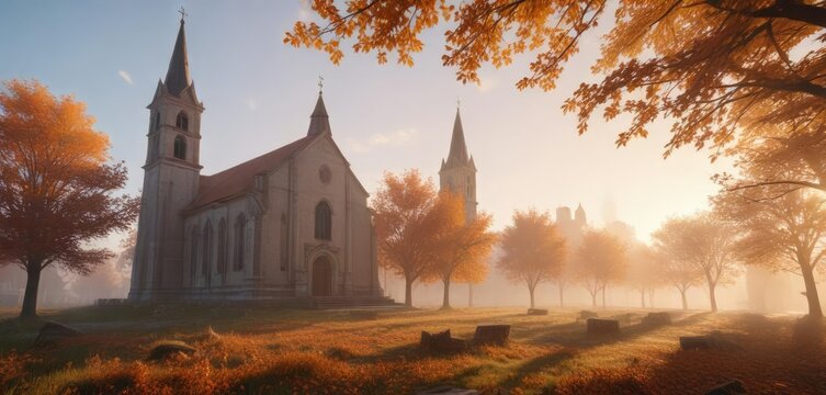 Church of Padola at sunrise with mist and autumn leaves , misty dawn, italy landscape, autumn morning