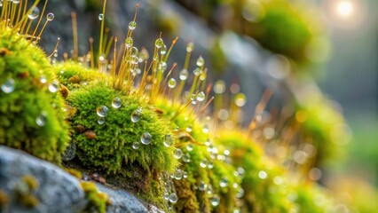 Close-up shot of delicate, intricate moss growth on a stone wall, with dew drops glistening on its surface, foliage, nature, landscape