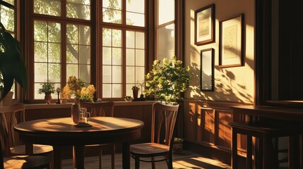 A cozy dining area with elegant brown-toned window panes, a wooden table, and matching chairs bathed in warm sunlight.