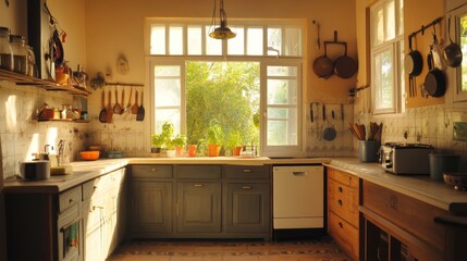 Wide Shot of an Empty Cosy Kitchen Decorated with Indian Style. Stylish Traditional South Asian Home with Utensils and Wide Window Letting the Spring Warmth and Light in. Vintage Warm Aesthetic